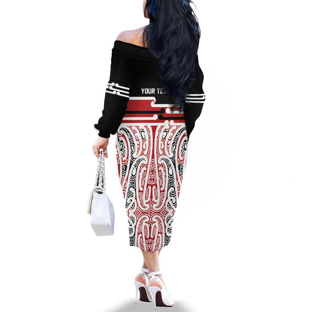 Personalised Toitu Te Tiriti Aotearoa 1840 Family Matching Off The Shoulder Long Sleeve Dress and Hawaiian Shirt Red Kowhaiwhai Puhoro - Polynesian Pride