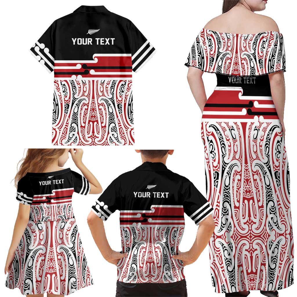 Personalised Toitu Te Tiriti Aotearoa 1840 Family Matching Off Shoulder Maxi Dress and Hawaiian Shirt Red Kowhaiwhai Puhoro - Polynesian Pride