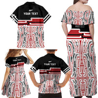 Personalised Toitu Te Tiriti Aotearoa 1840 Family Matching Off Shoulder Maxi Dress and Hawaiian Shirt Red Kowhaiwhai Puhoro - Polynesian Pride