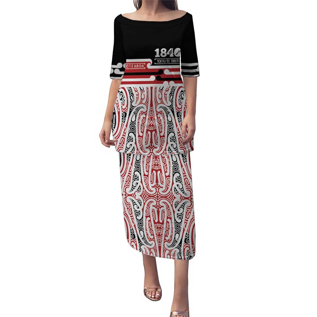 Personalised Toitu Te Tiriti Aotearoa 1840 Family Matching Puletasi and Hawaiian Shirt Red Kowhaiwhai Puhoro - Polynesian Pride