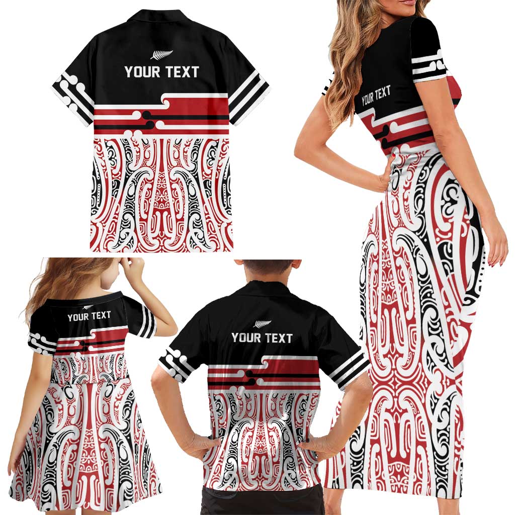 Personalised Toitu Te Tiriti Aotearoa 1840 Family Matching Short Sleeve Bodycon Dress and Hawaiian Shirt Red Kowhaiwhai Puhoro - Polynesian Pride