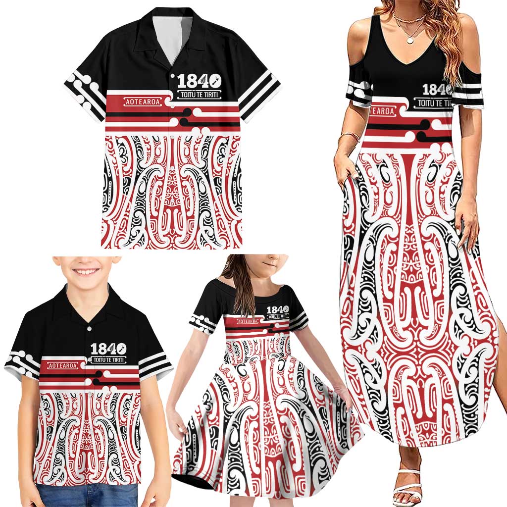 Personalised Toitu Te Tiriti Aotearoa 1840 Family Matching Summer Maxi Dress and Hawaiian Shirt Red Kowhaiwhai Puhoro - Polynesian Pride