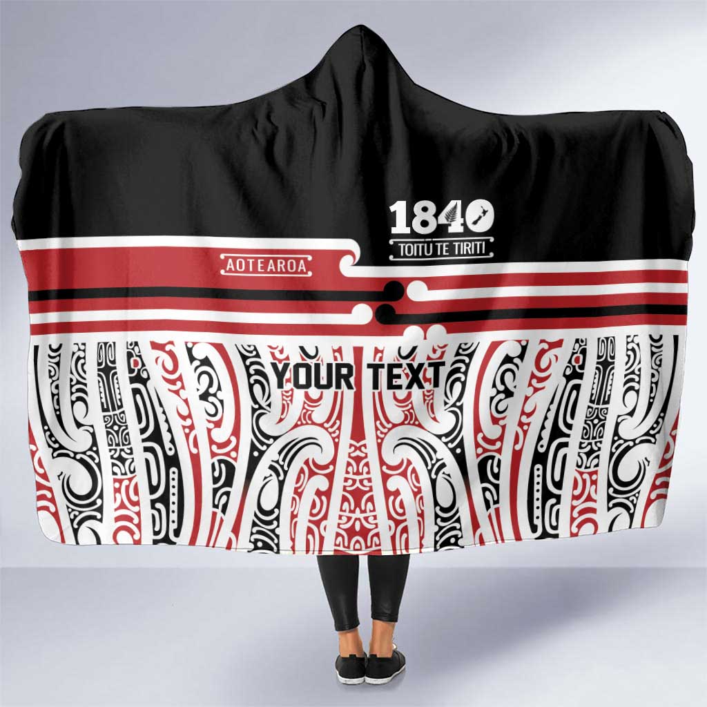 Personalised Toitu Te Tiriti Aotearoa 1840 Hooded Blanket Red Kowhaiwhai Puhoro LT9 One Size Black - Polynesian Pride