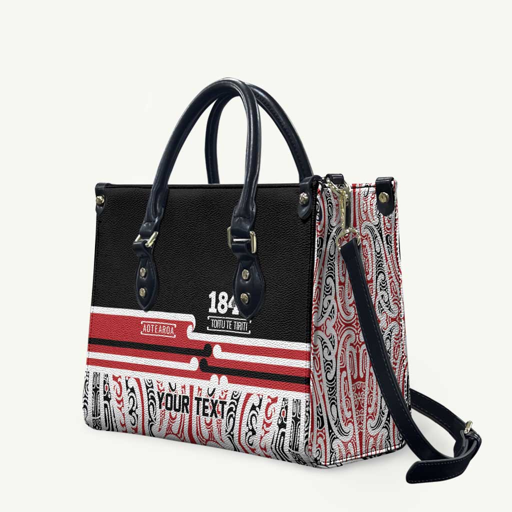 Personalised Toitu Te Tiriti Aotearoa 1840 Leather Bag Red Kowhaiwhai Puhoro LT9 Black - Polynesian Pride