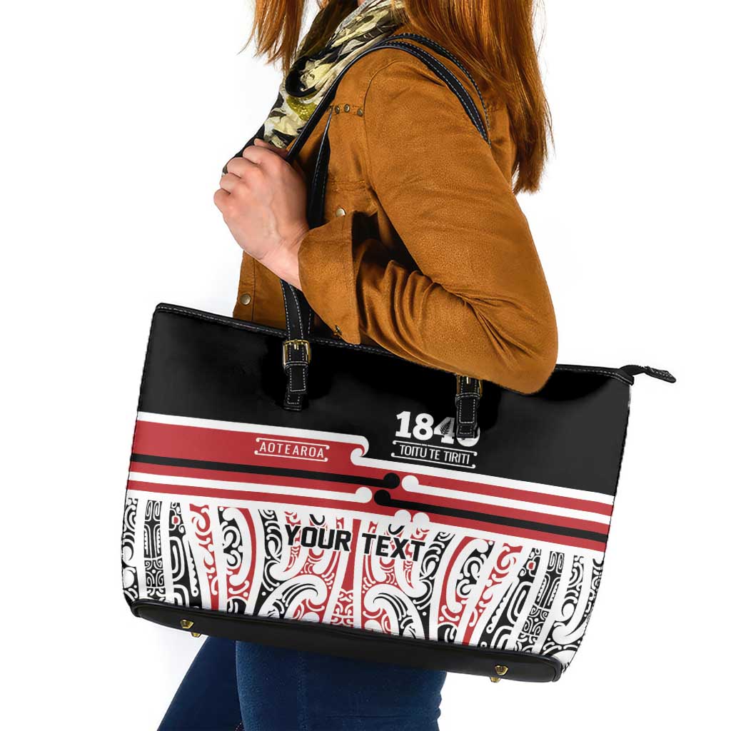 Personalised Toitu Te Tiriti Aotearoa 1840 Leather Tote Bag Red Kowhaiwhai Puhoro LT9 Black - Polynesian Pride