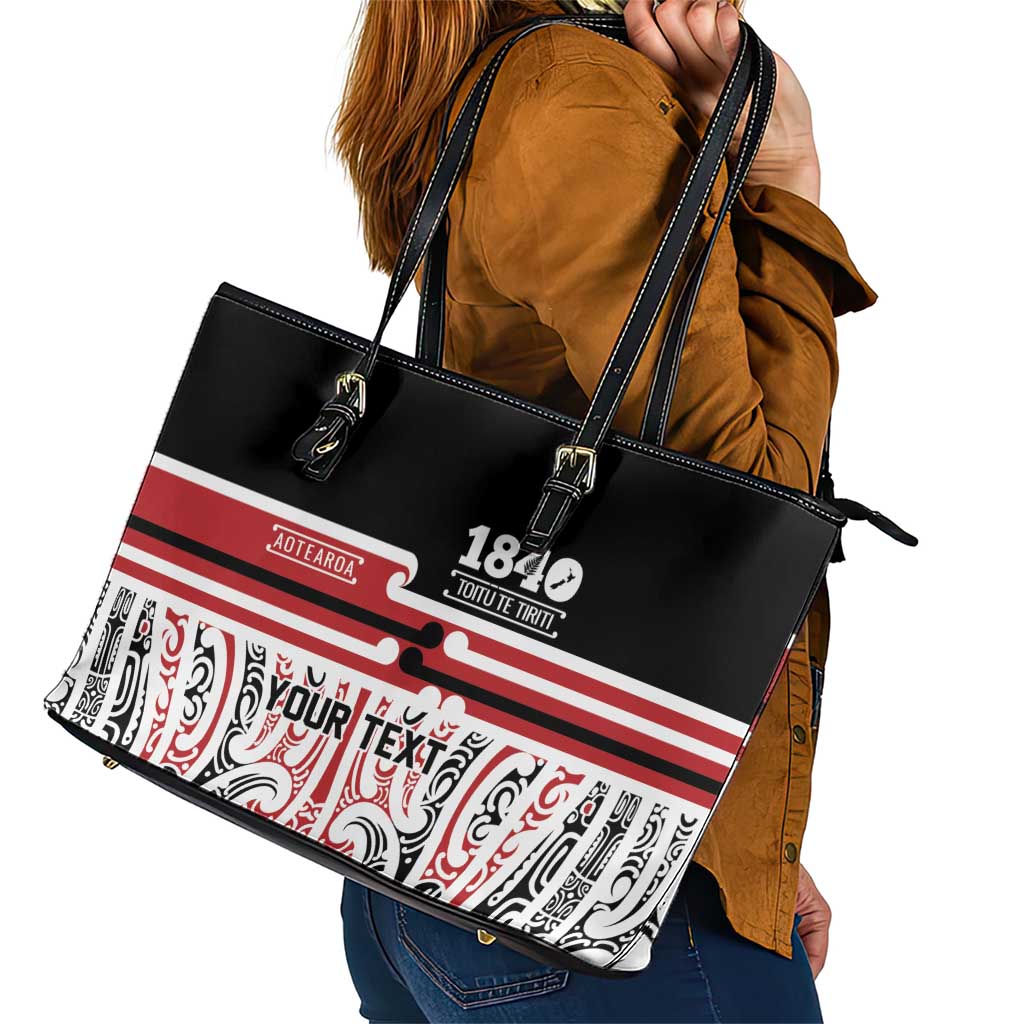 Personalised Toitu Te Tiriti Aotearoa 1840 Leather Tote Bag Red Kowhaiwhai Puhoro LT9 - Polynesian Pride