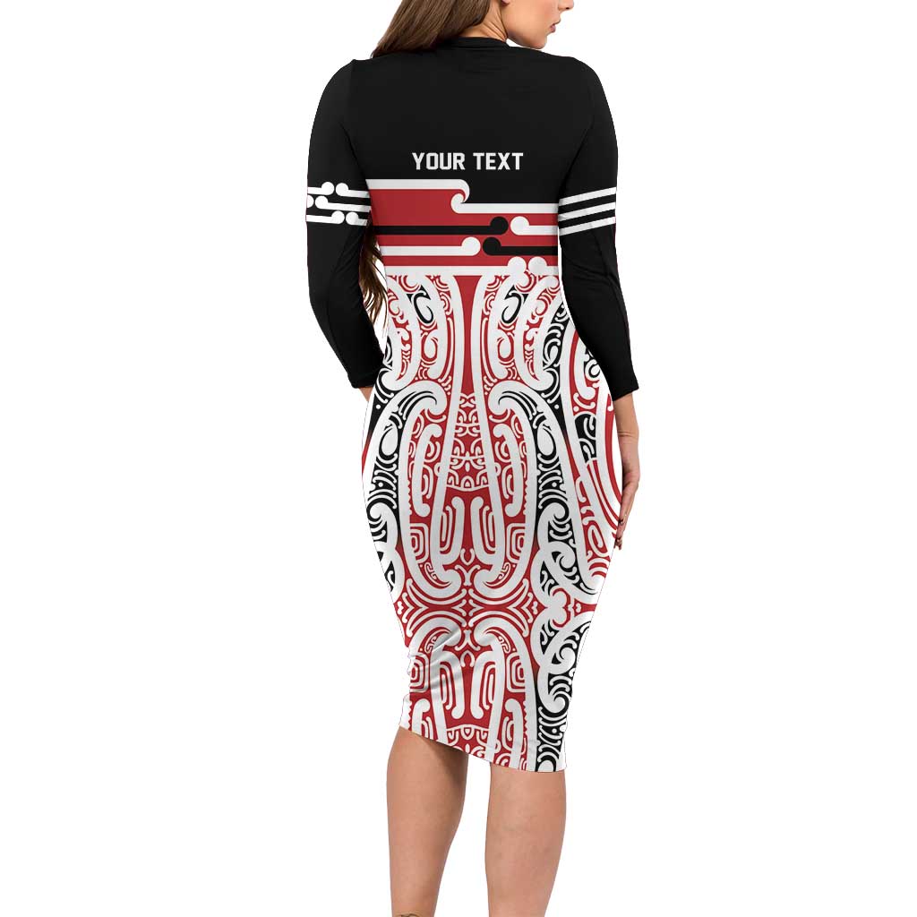 Personalised Toitu Te Tiriti Aotearoa 1840 Long Sleeve Bodycon Dress Red Kowhaiwhai Puhoro - Polynesian Pride