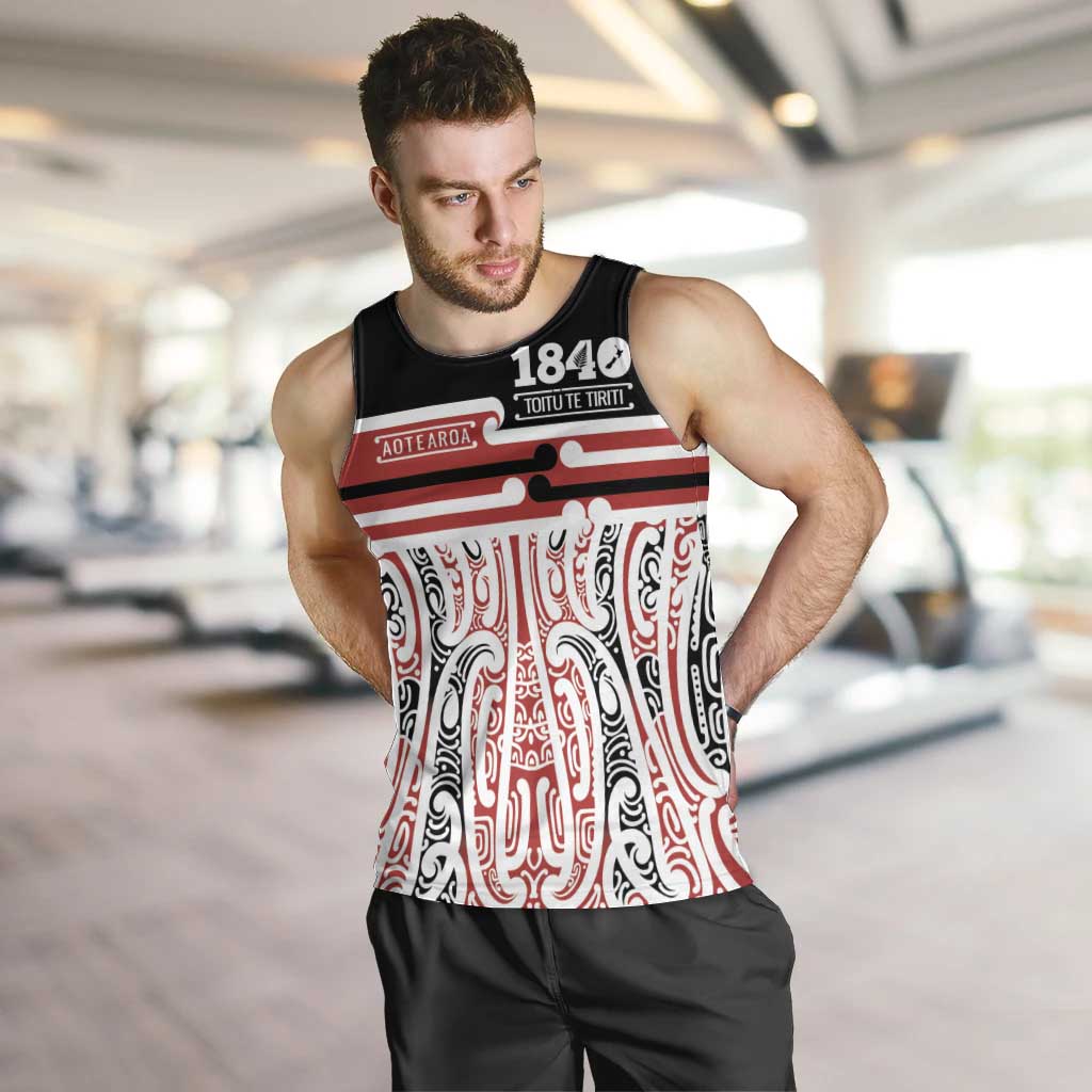 Personalised Toitu Te Tiriti Aotearoa 1840 Men Tank Top Red Kowhaiwhai Puhoro LT9 Black - Polynesian Pride