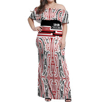 Personalised Toitu Te Tiriti Aotearoa 1840 Off Shoulder Maxi Dress Red Kowhaiwhai Puhoro LT9 Women Black - Polynesian Pride