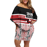 Personalised Toitu Te Tiriti Aotearoa 1840 Off Shoulder Short Dress Red Kowhaiwhai Puhoro - Polynesian Pride