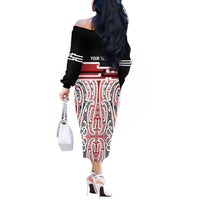 Personalised Toitu Te Tiriti Aotearoa 1840 Off The Shoulder Long Sleeve Dress Red Kowhaiwhai Puhoro - Polynesian Pride