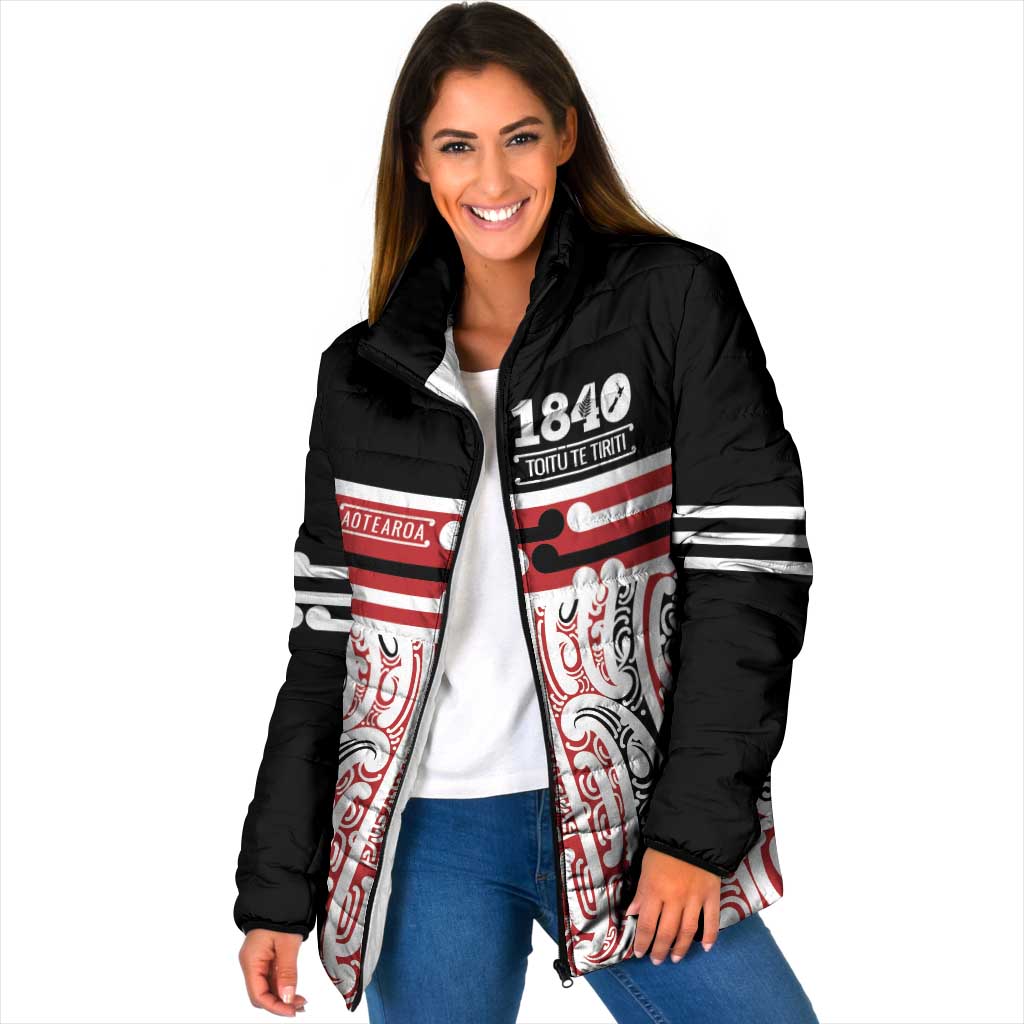 Personalised Toitu Te Tiriti Aotearoa 1840 Padded Jacket Red Kowhaiwhai Puhoro - Polynesian Pride
