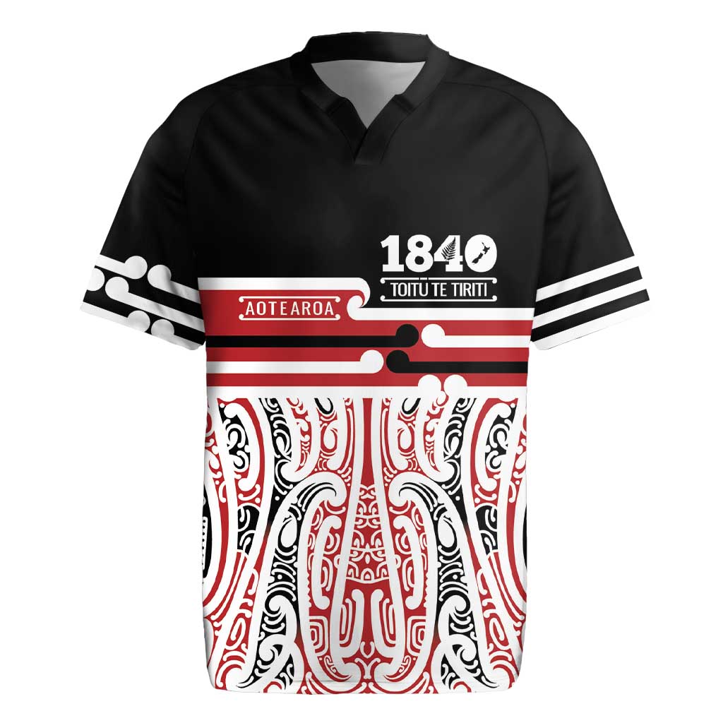 Personalised Toitu Te Tiriti Aotearoa 1840 Rugby Jersey Red Kowhaiwhai Puhoro LT9 Black - Polynesian Pride