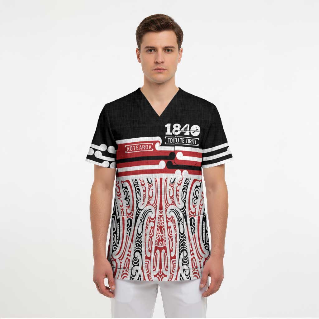 Personalised Toitu Te Tiriti Aotearoa 1840 Scrub Top Red Kowhaiwhai Puhoro - Polynesian Pride