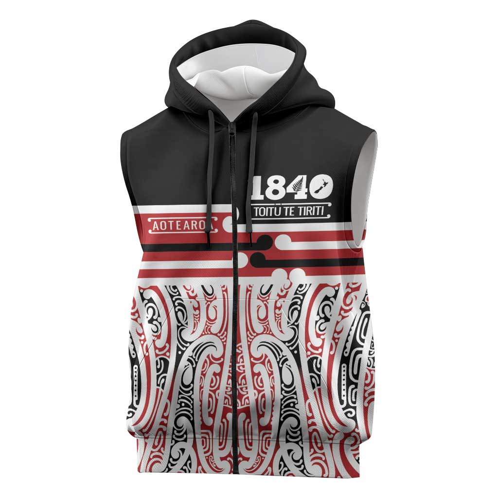 Personalised Toitu Te Tiriti Aotearoa 1840 Sleeveless Zip Hoodie Red Kowhaiwhai Puhoro - Polynesian Pride