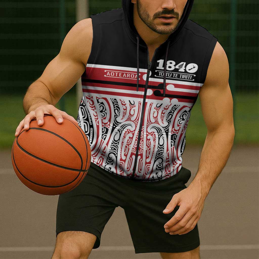 Personalised Toitu Te Tiriti Aotearoa 1840 Sleeveless Zip Hoodie Red Kowhaiwhai Puhoro - Polynesian Pride