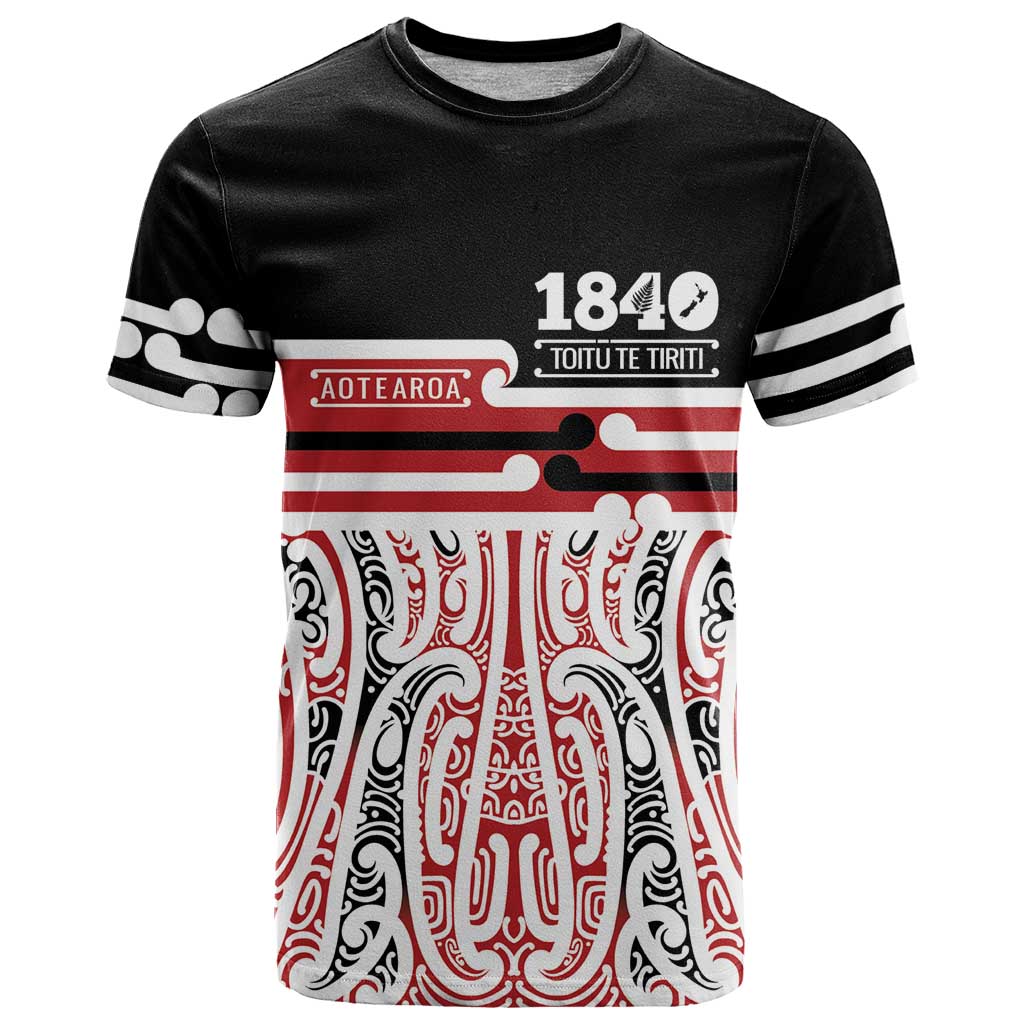 Personalised Toitu Te Tiriti Aotearoa 1840 T Shirt Red Kowhaiwhai Puhoro LT9 Black - Polynesian Pride