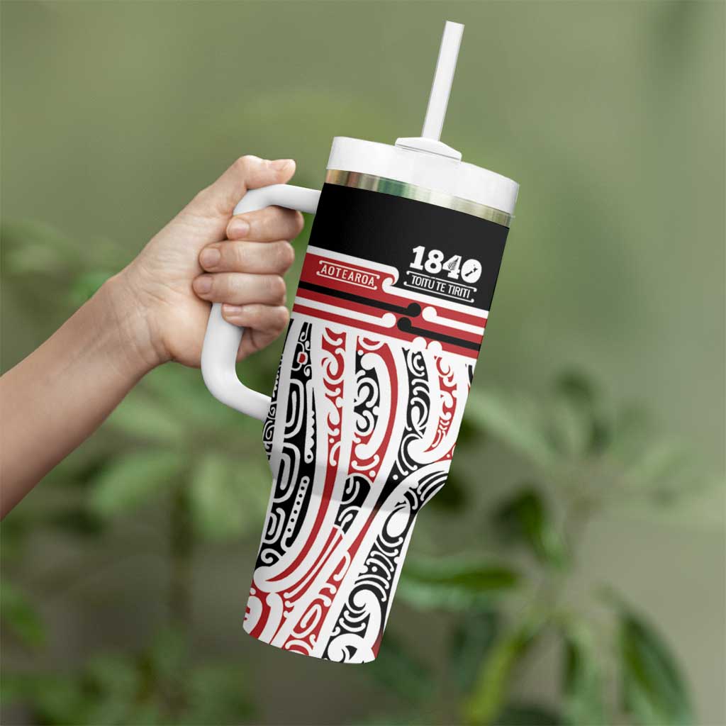 Personalised Toitu Te Tiriti Aotearoa 1840 Tumbler With Handle Red Kowhaiwhai Puhoro LT9 - Polynesian Pride