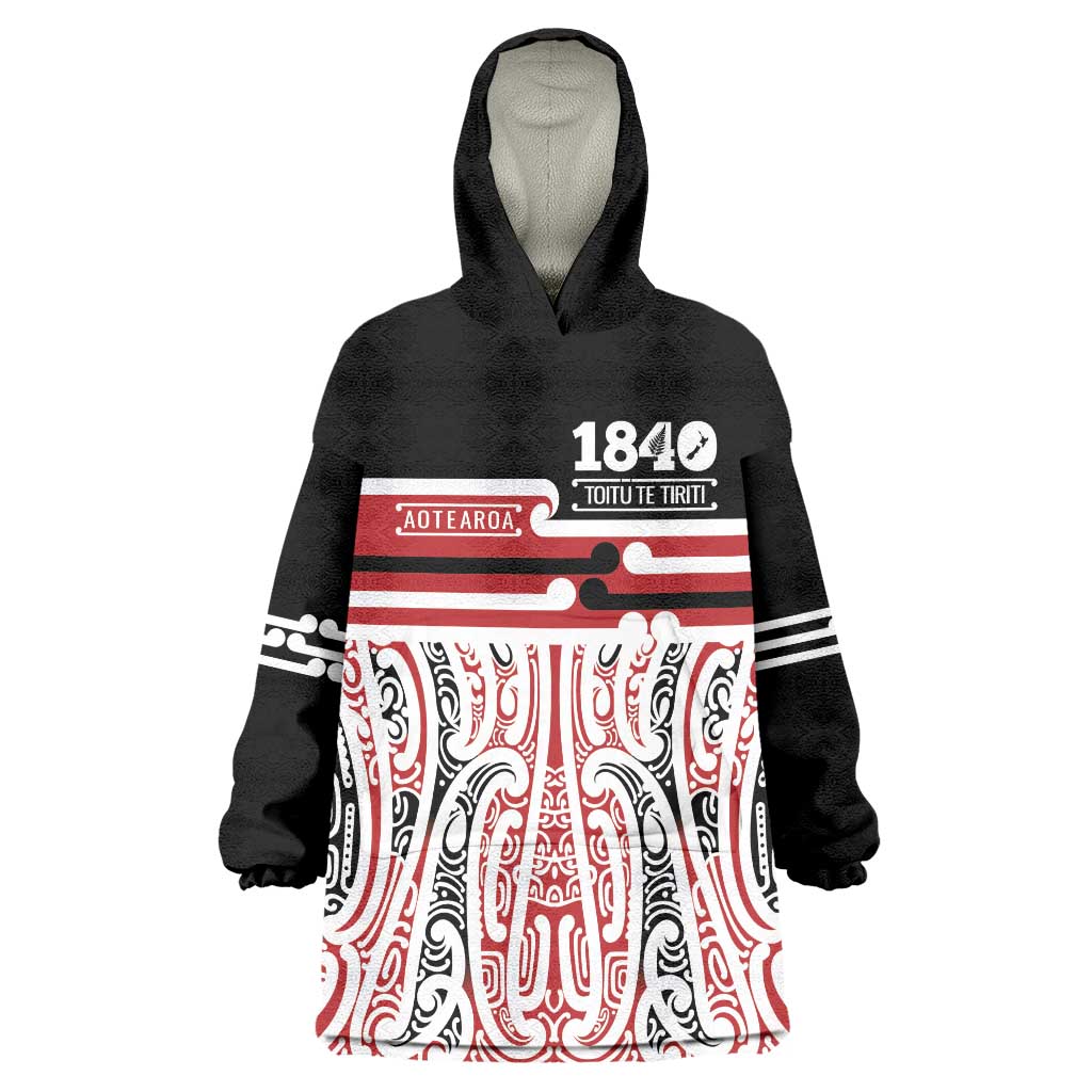 Personalised Toitu Te Tiriti Aotearoa 1840 Wearable Blanket Hoodie Red Kowhaiwhai Puhoro - Polynesian Pride