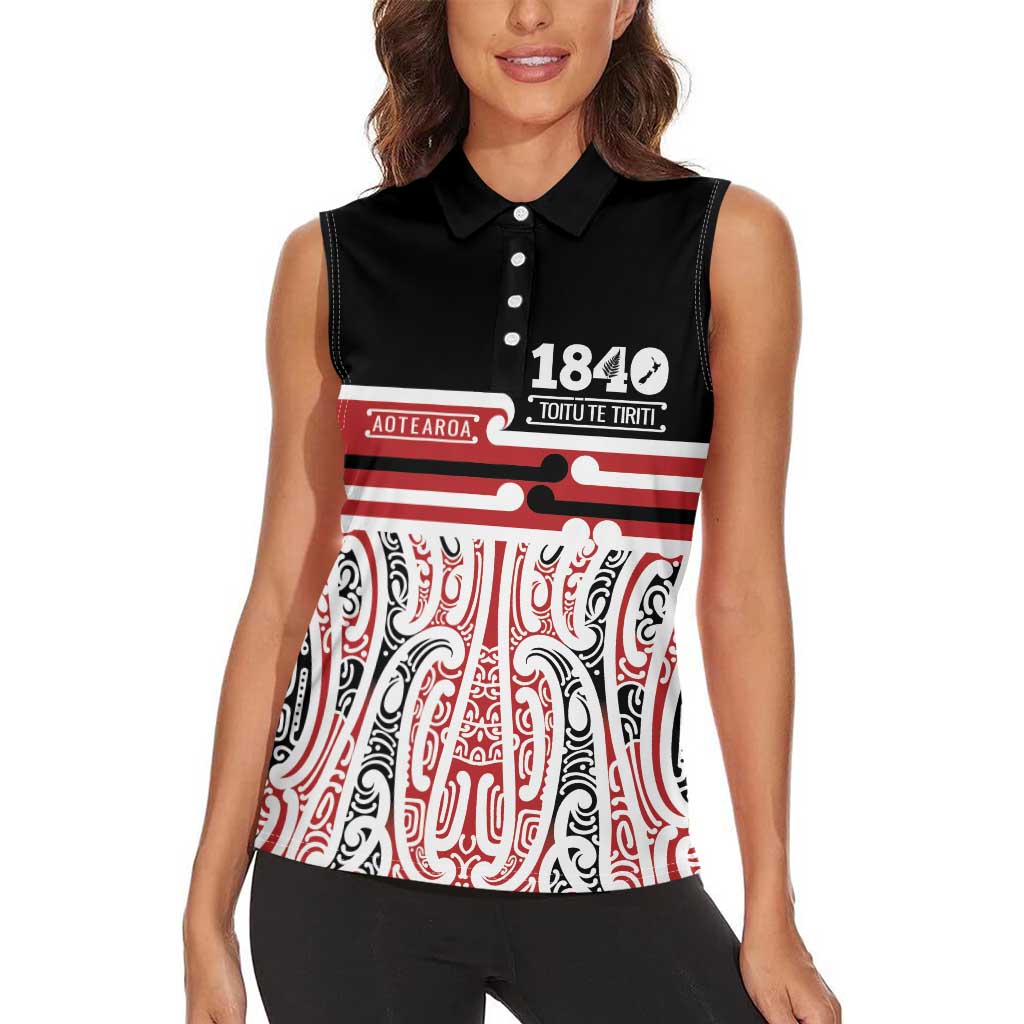 Personalised Toitu Te Tiriti Aotearoa 1840 Women Sleeveless Polo Shirt Red Kowhaiwhai Puhoro - Polynesian Pride