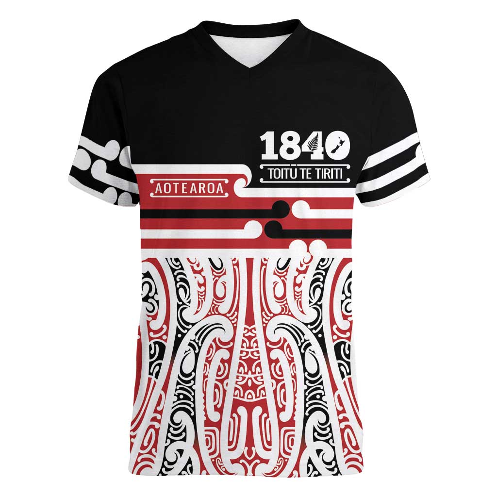 Personalised Toitu Te Tiriti Aotearoa 1840 Women V-Neck T-Shirt Red Kowhaiwhai Puhoro - Polynesian Pride