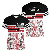 Personalised Toitu Te Tiriti Aotearoa 1840 Women V-Neck T-Shirt Red Kowhaiwhai Puhoro - Polynesian Pride