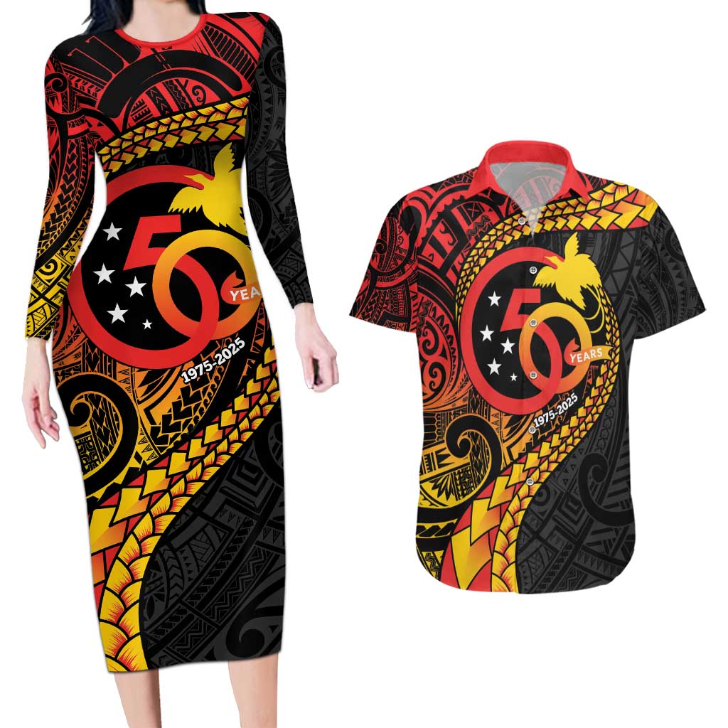 Papua New Guinea Tribal Tattoo Couples Matching Long Sleeve Bodycon Dress and Hawaiian Shirt 50th Independence Anniversary