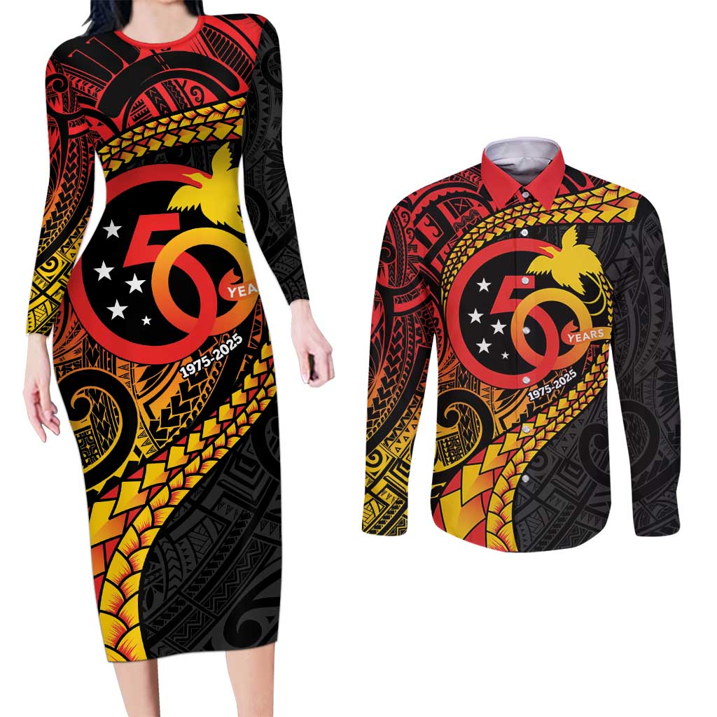Papua New Guinea Tribal Tattoo Couples Matching Long Sleeve Bodycon Dress and Long Sleeve Button Shirt 50th Independence Anniversary