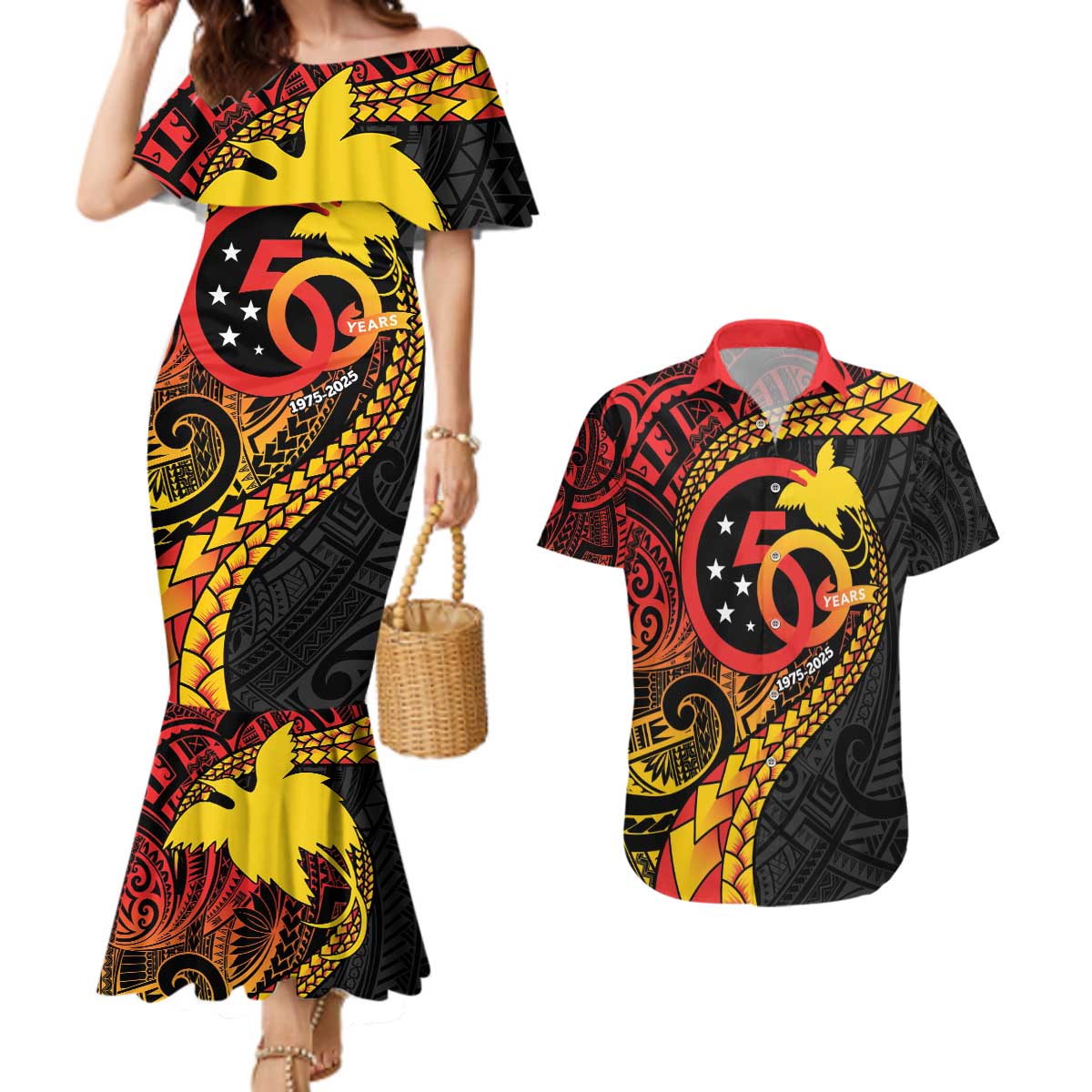 Papua New Guinea Tribal Tattoo Couples Matching Mermaid Dress and Hawaiian Shirt 50th Independence Anniversary