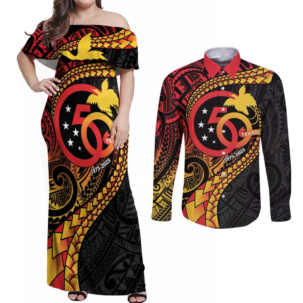 Papua New Guinea Tribal Tattoo Couples Matching Off Shoulder Maxi Dress and Long Sleeve Button Shirt 50th Independence Anniversary