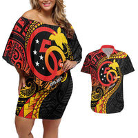 Papua New Guinea Tribal Tattoo Couples Matching Off Shoulder Short Dress and Hawaiian Shirt 50th Independence Anniversary