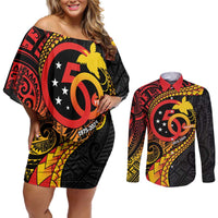 Papua New Guinea Tribal Tattoo Couples Matching Off Shoulder Short Dress and Long Sleeve Button Shirt 50th Independence Anniversary
