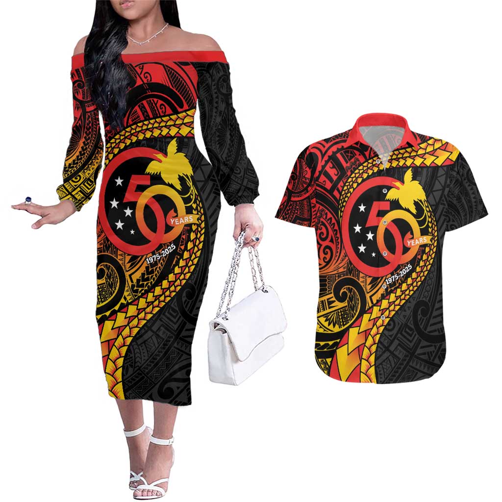Papua New Guinea Tribal Tattoo Couples Matching Off The Shoulder Long Sleeve Dress and Hawaiian Shirt 50th Independence Anniversary