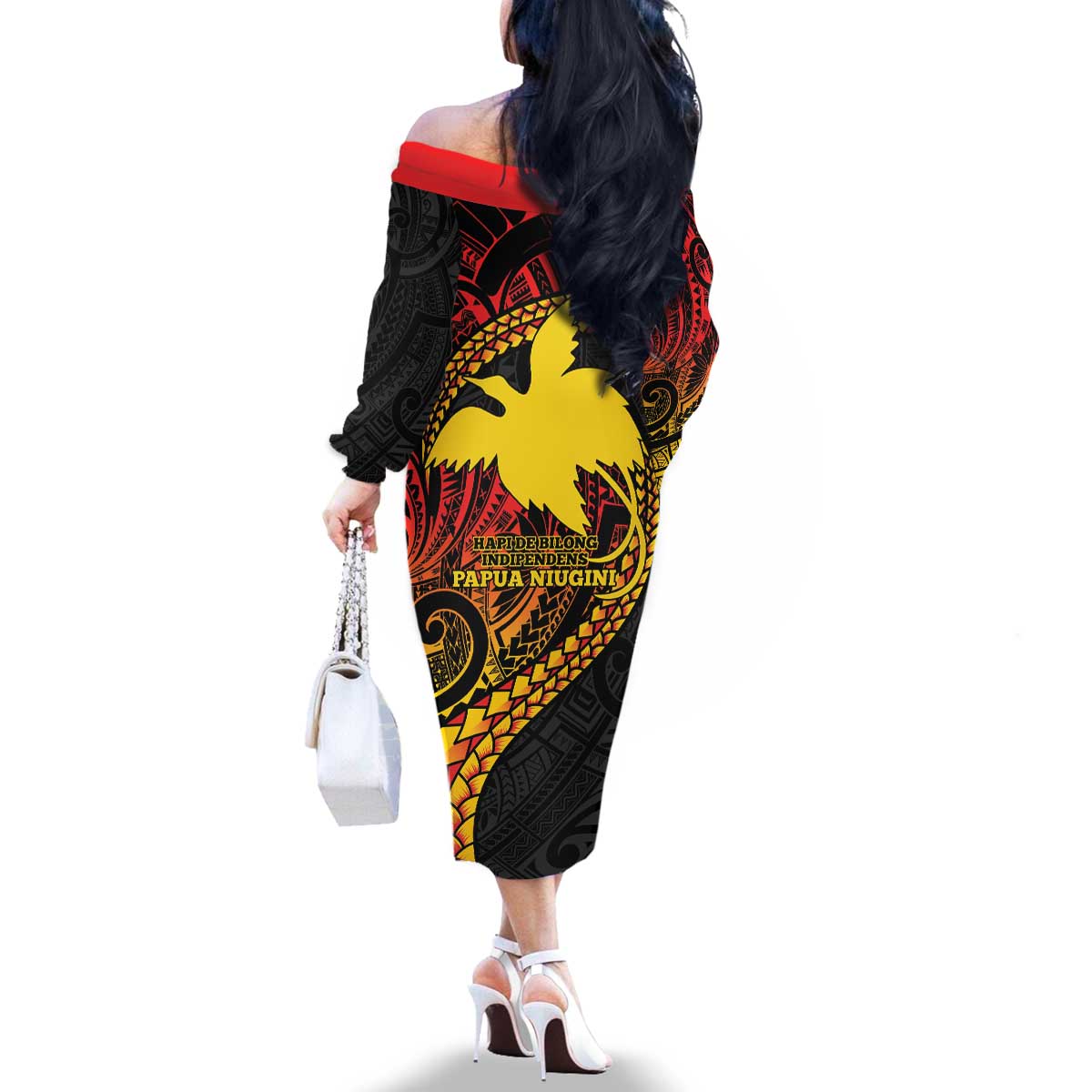 Papua New Guinea Tribal Tattoo Family Matching Off The Shoulder Long Sleeve Dress and Hawaiian Shirt 50th Independence Anniversary