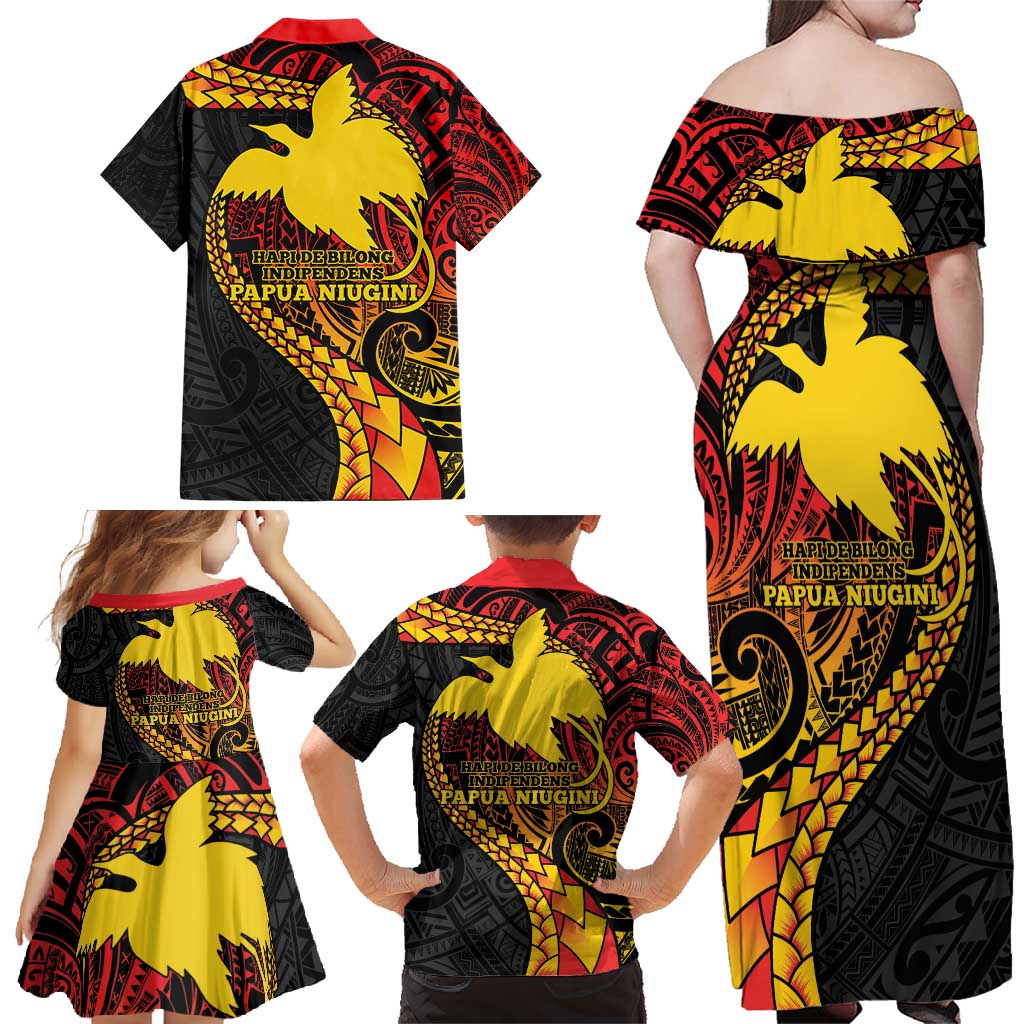 Papua New Guinea Tribal Tattoo Family Matching Off Shoulder Maxi Dress and Hawaiian Shirt 50th Independence Anniversary
