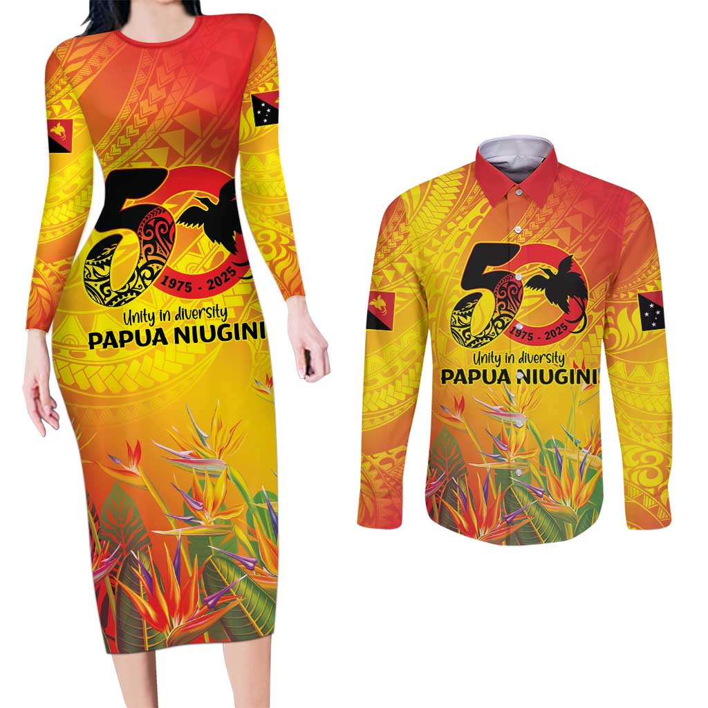 Papua New Guinea Unity in Diversity Couples Matching Long Sleeve Bodycon Dress and Long Sleeve Button Shirt 50th Indipendens Papua Niugini