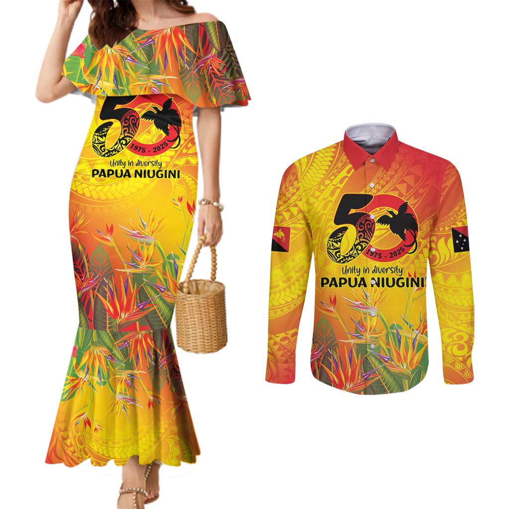 Papua New Guinea Unity in Diversity Couples Matching Mermaid Dress and Long Sleeve Button Shirt 50th Indipendens Papua Niugini