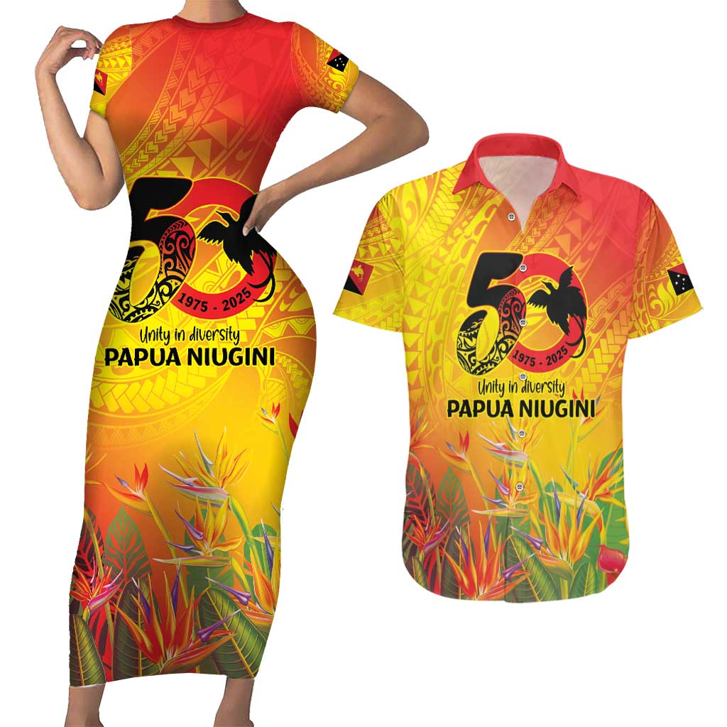 Papua New Guinea Unity in Diversity Couples Matching Short Sleeve Bodycon Dress and Hawaiian Shirt 50th Indipendens Papua Niugini