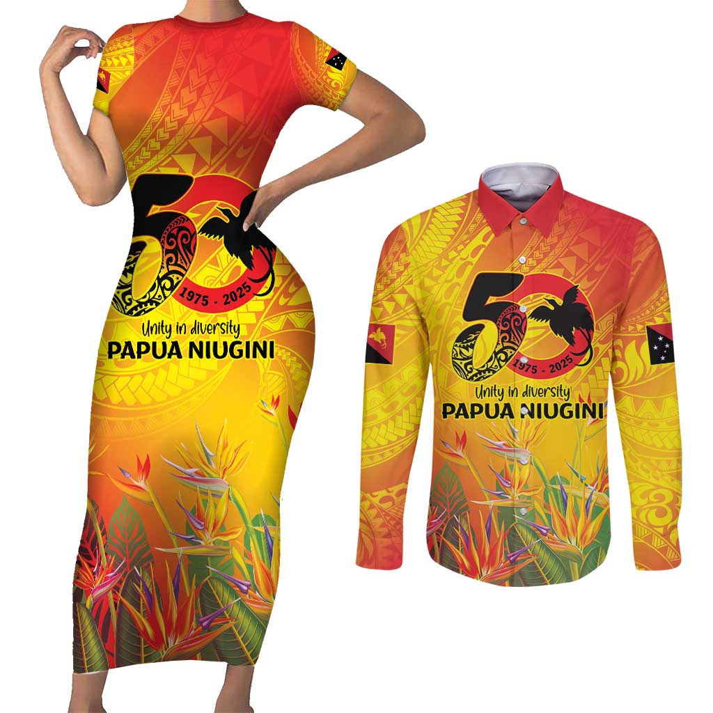 Papua New Guinea Unity in Diversity Couples Matching Short Sleeve Bodycon Dress and Long Sleeve Button Shirt 50th Indipendens Papua Niugini