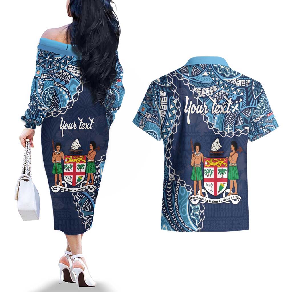 Personalised Fiji 54th Anniversary Couples Matching Off The Shoulder Long Sleeve Dress and Hawaiian Shirt Siga Ni Bula Galala Marautaki O Viti LT9