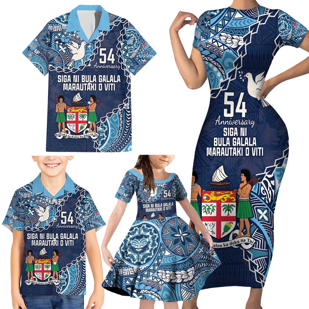 Personalised Fiji 54th Anniversary Family Matching Short Sleeve Bodycon Dress and Hawaiian Shirt Siga Ni Bula Galala Marautaki O Viti LT9
