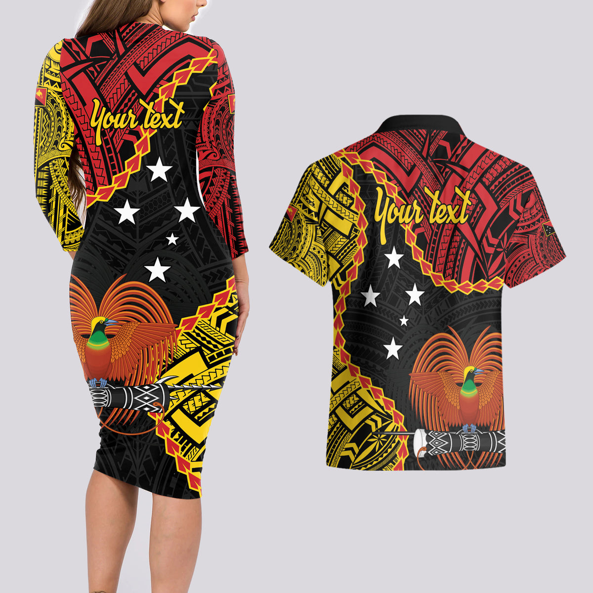 Personalised Papua New Guinea 49th Anniversary Couples Matching Long Sleeve Bodycon Dress and Hawaiian Shirt Hapi De bilong Indipendens Papua Niugini