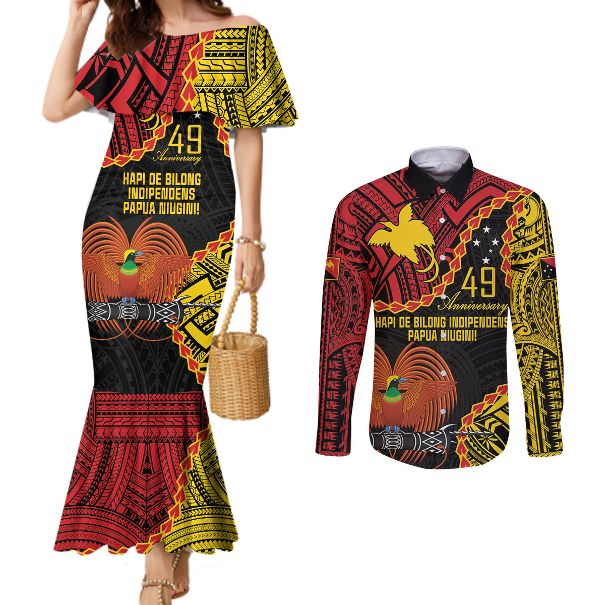 Personalised Papua New Guinea 49th Anniversary Couples Matching Mermaid Dress and Long Sleeve Button Shirt Hapi De bilong Indipendens Papua Niugini