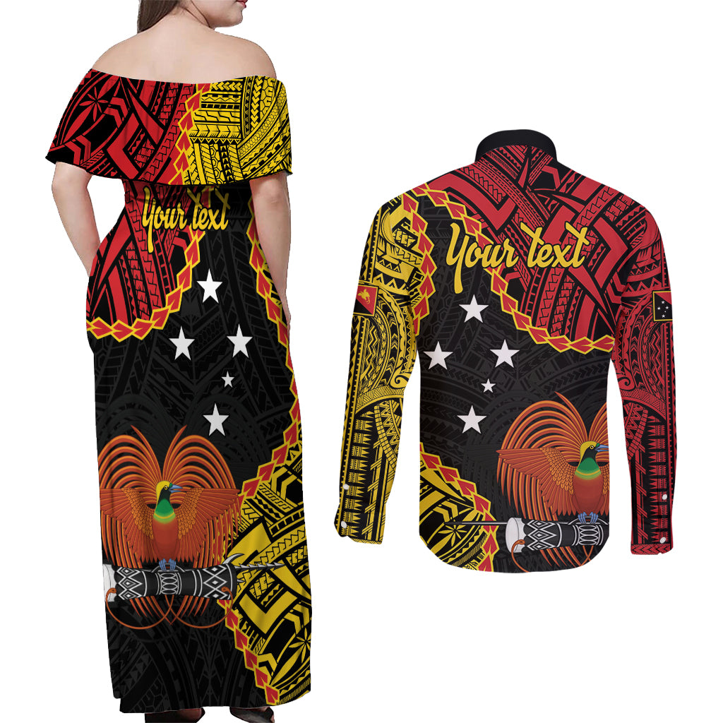 Personalised Papua New Guinea 49th Anniversary Couples Matching Off Shoulder Maxi Dress and Long Sleeve Button Shirt Hapi De bilong Indipendens Papua Niugini