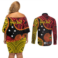 Personalised Papua New Guinea 49th Anniversary Couples Matching Off Shoulder Short Dress and Long Sleeve Button Shirt Hapi De bilong Indipendens Papua Niugini