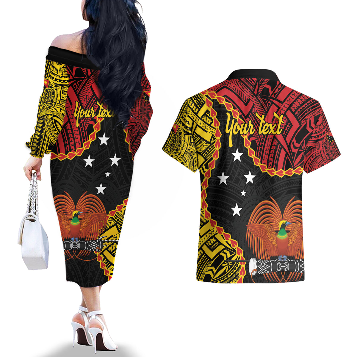 Personalised Papua New Guinea 49th Anniversary Couples Matching Off The Shoulder Long Sleeve Dress and Hawaiian Shirt Hapi De bilong Indipendens Papua Niugini