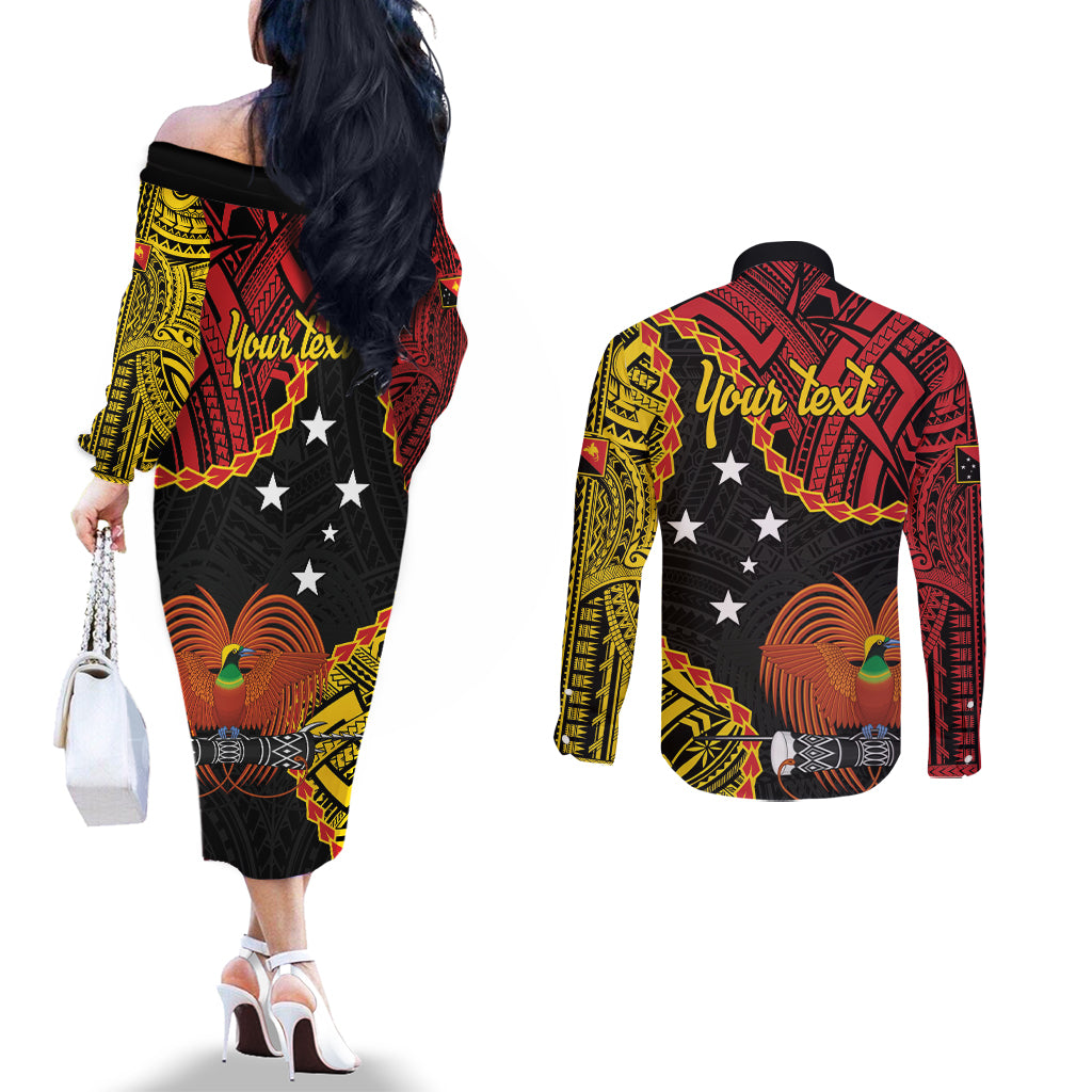 Personalised Papua New Guinea 49th Anniversary Couples Matching Off The Shoulder Long Sleeve Dress and Long Sleeve Button Shirt Hapi De bilong Indipendens Papua Niugini