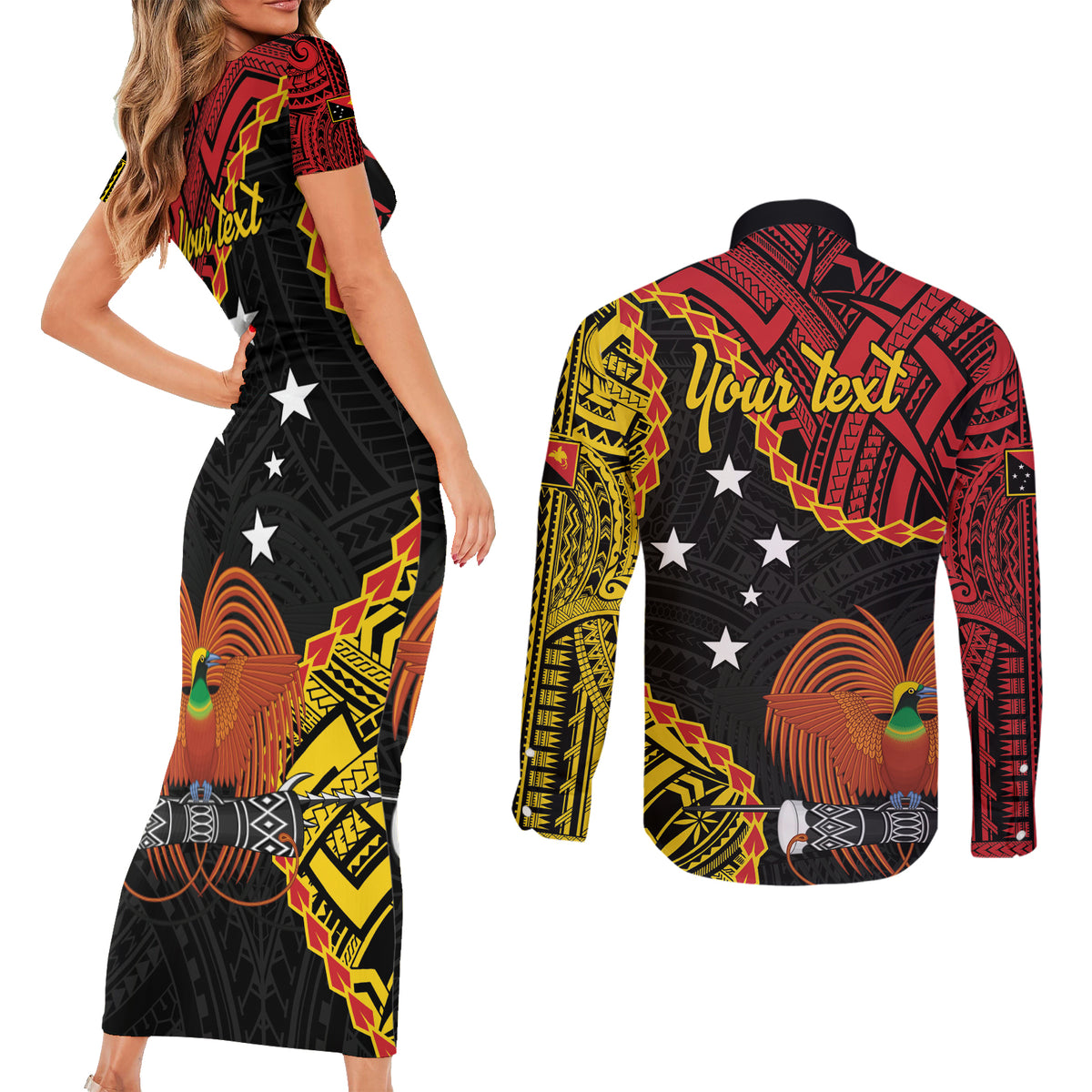 Personalised Papua New Guinea 49th Anniversary Couples Matching Short Sleeve Bodycon Dress and Long Sleeve Button Shirt Hapi De bilong Indipendens Papua Niugini