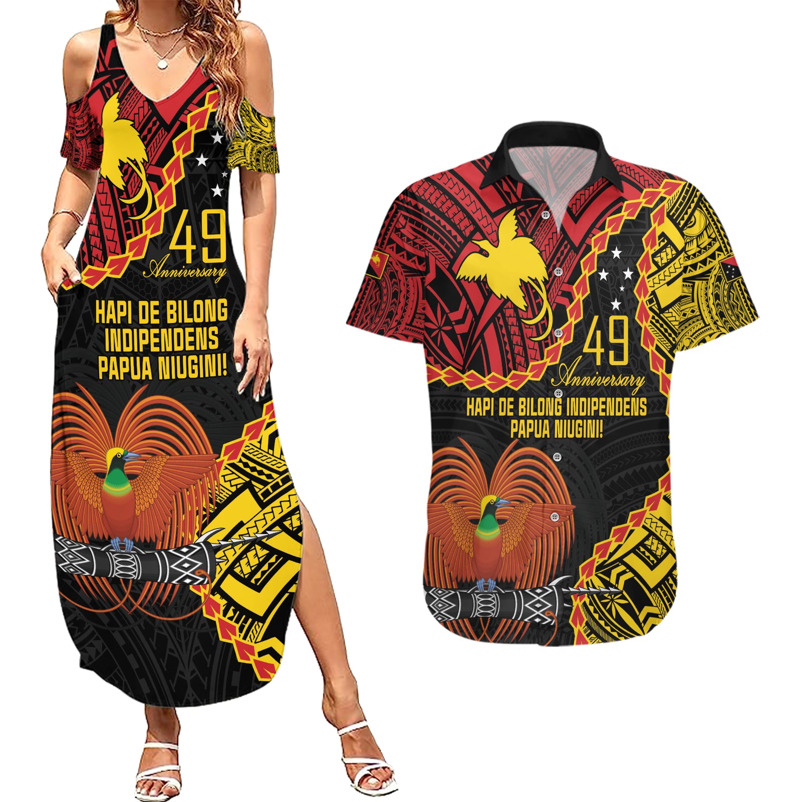 Personalised Papua New Guinea 49th Anniversary Couples Matching Summer Maxi Dress and Hawaiian Shirt Hapi De bilong Indipendens Papua Niugini