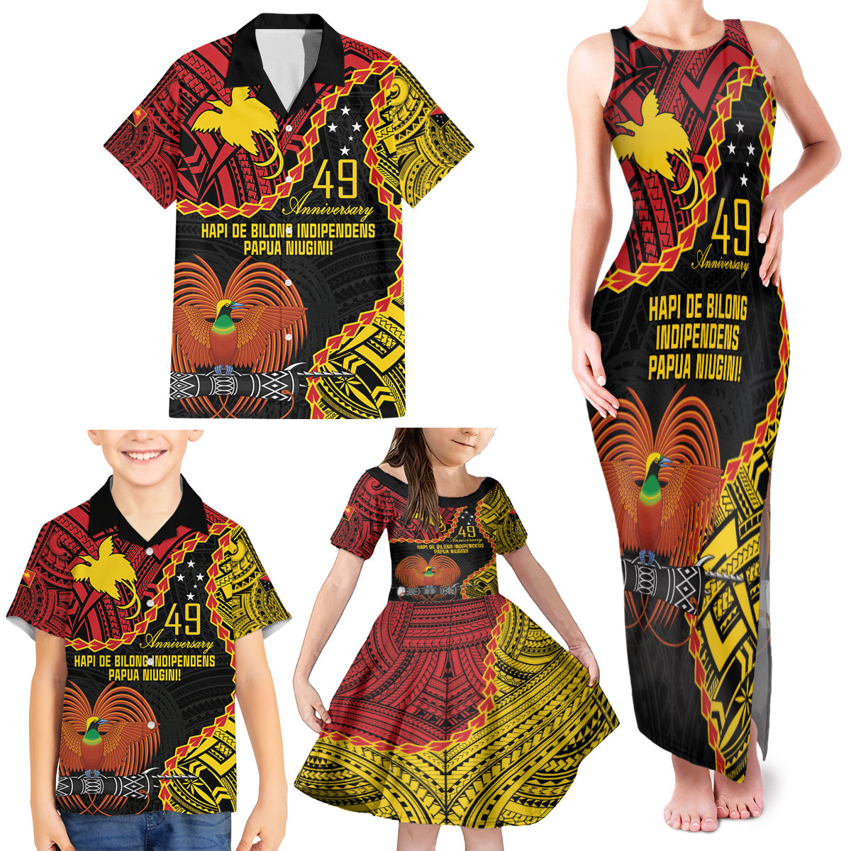 Personalised Papua New Guinea 49th Anniversary Family Matching Tank Maxi Dress and Hawaiian Shirt Hapi De bilong Indipendens Papua Niugini